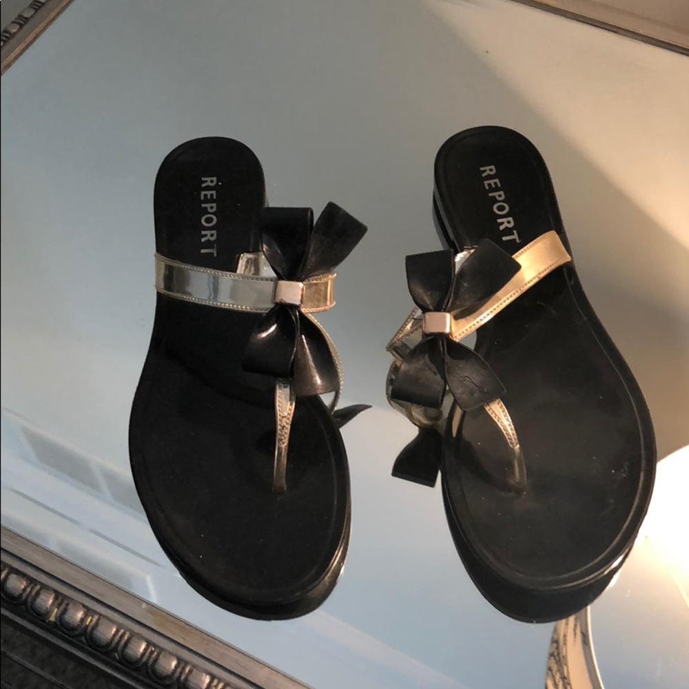 Black and gold bow sandals